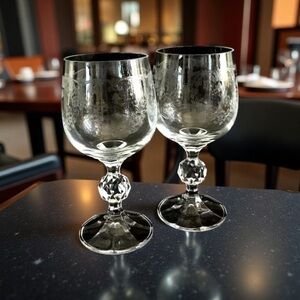 Vintage Bohemia Crystal Ball Wine Glasses Etched, Czech Crystal Ball Stem 5-3/4”